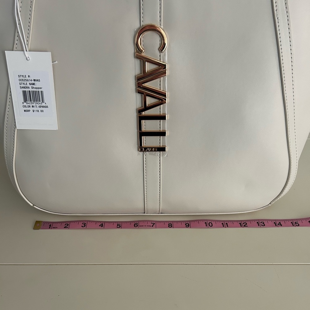 NWT Cavalli Class Sandra Shopper Tote Bag White Asparagus with Gold Hardware - Picture 9 of 14